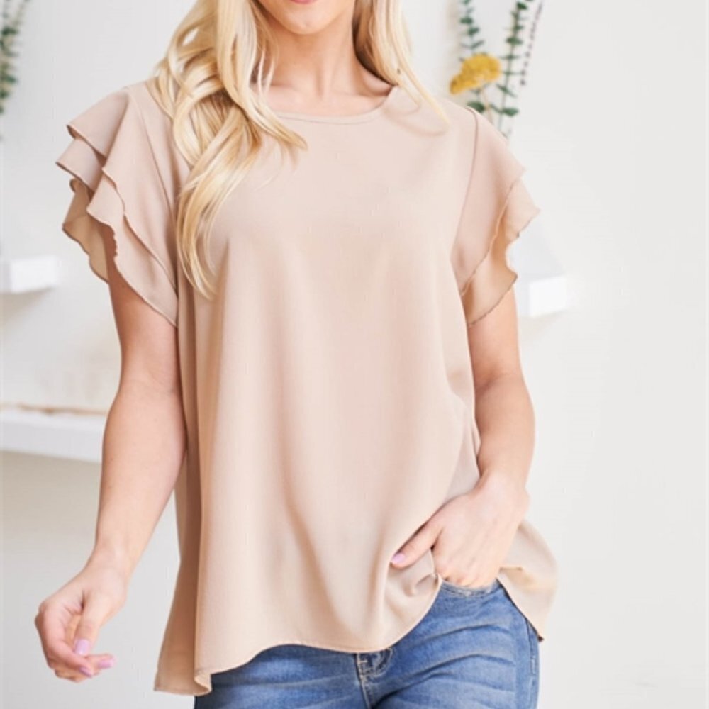 SOLID RUFFLED SLEEVE TOP- tan